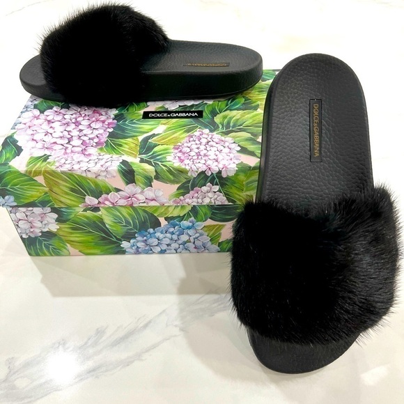 DOLCE & GABBANA Black REAL MINK FUR & RUBBER SLIDES CIABATTA SAINT BARTH sz 38 - Picture 1 of 10